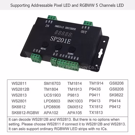 Controller decodificatore DMX512 Sp201e DC5V 24V Segnale Spi IC indirizzabile RGB LED Pixel Uscita PWM a 5 canali 2811 2812 1903 Striscia